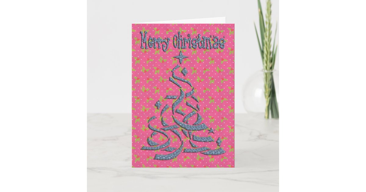 Abstract Christmas Tree Pink Backing Holly Dots Holiday Card