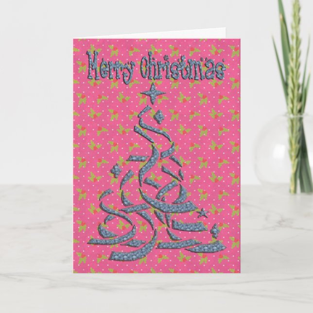 Abstract Christmas tree pink backing holly dots Holiday Card (Front)