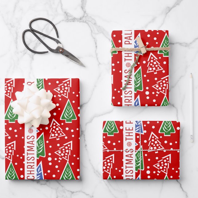 Abstract Christmas trees and ribbon red holiday Wrapping Paper Sheets (Front)
