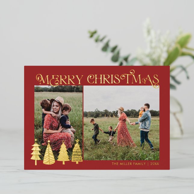  Abstract Christmas Trees Two Photo Gold Foil Holi Holiday Card (Standing Front)
