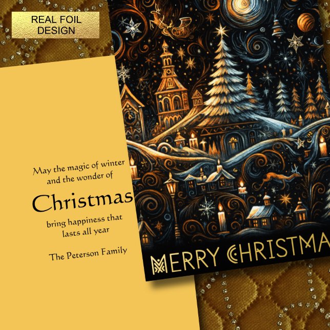 Abstract Christmas Village Chalk Drawing Night Sky Foil Holiday Card (Creator Uploaded)