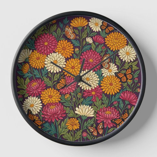 Abstract Chrysanthemum Butterflies Art Clocks