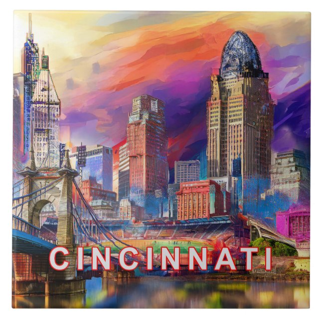 Abstract Cincinnati Skyline Art Modern City Ceramic Tile (Front)