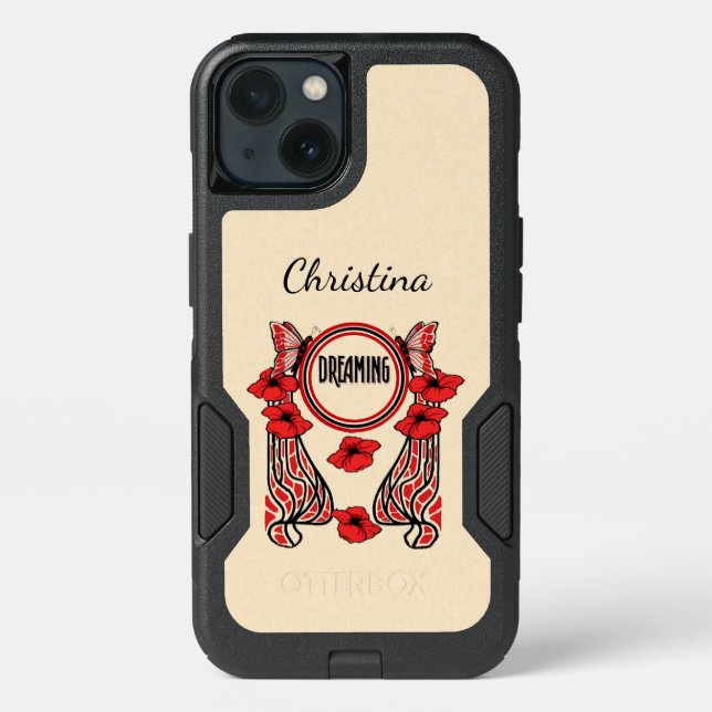 Abstract Circle Design Red Flowers Butterflies Otterbox iPhone Case (Back)