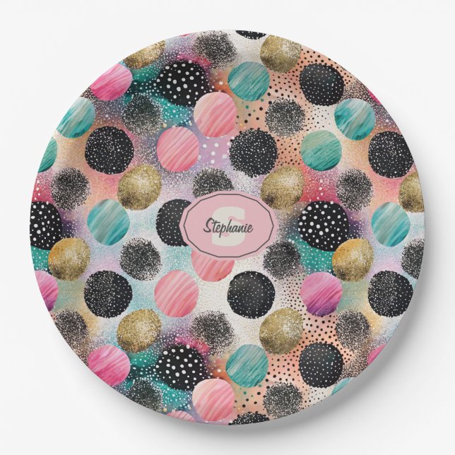 Abstract Circle Pattern -with Glitter & Speckles Paper Plates (Front)