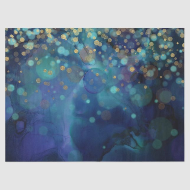 Abstract Circles and Gold Dots on Blue Decoupage Tissue Paper (Front)