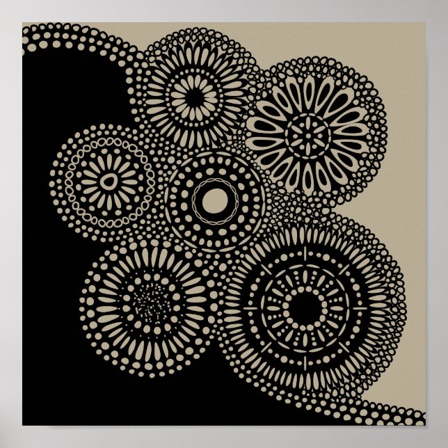Abstract Circles Dots Flowers Black on Tan Print (Front)