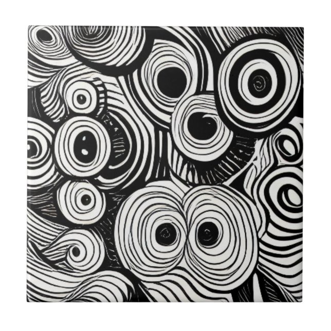 Abstract circles eyes art black white ceramic tile (Front)