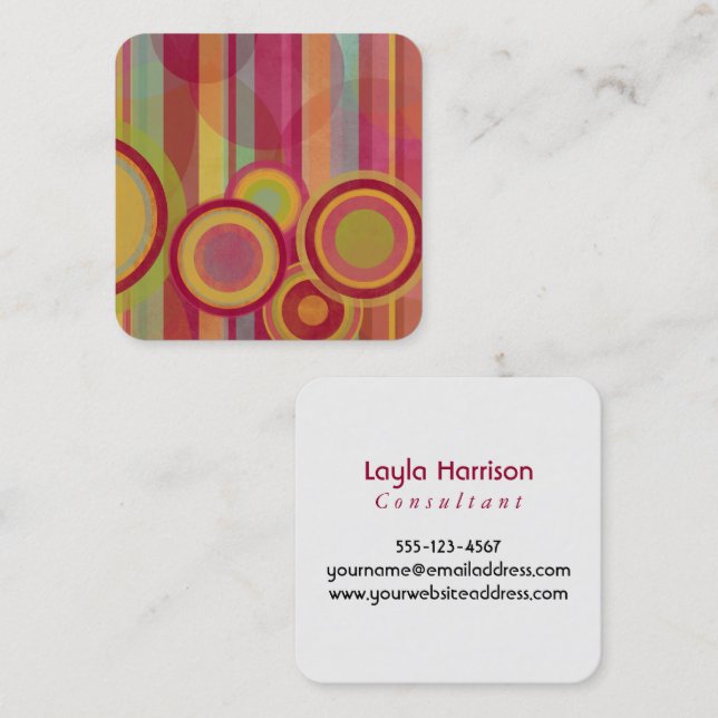 Abstract Circles & Stripes in Red, Greens, Yellows Square Business Card (Front/Back)