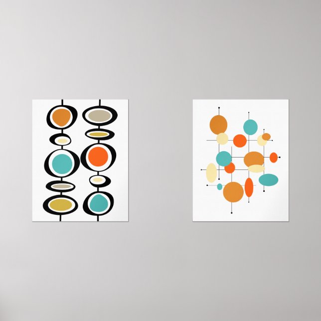 Abstract Circles Turquoise Orange Mid Century Wall Art Sets (Front)