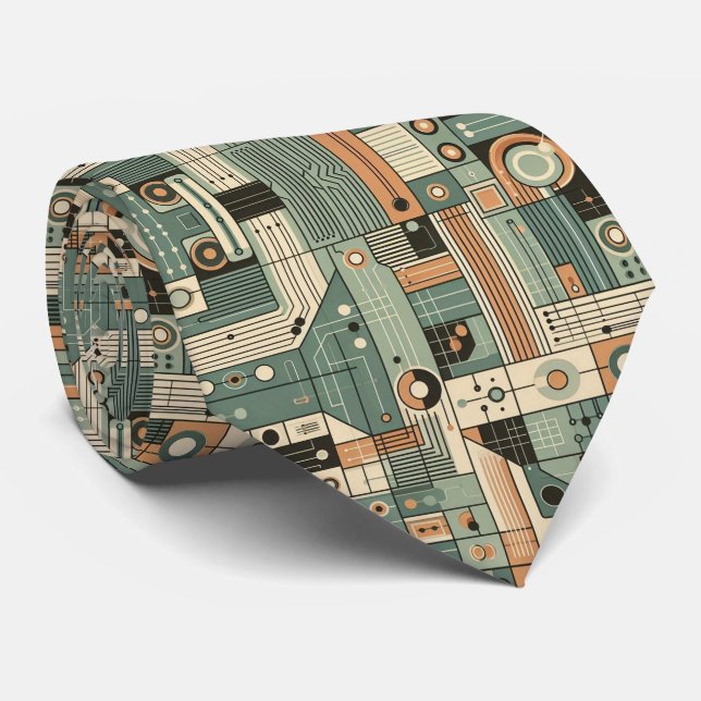 Abstract Circuit Board - Retro Mid Century Modern  Neck Tie (Rolled)