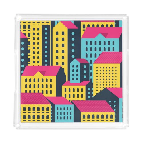 Abstract City Buildings Landscape Vintage Acrylic Tray