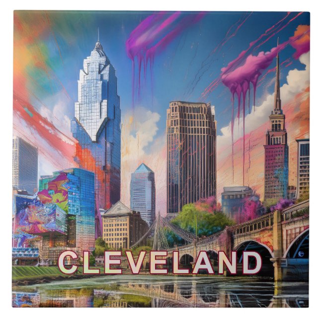 Abstract Cleveland Skyline Art Modern City Ceramic Tile (Front)