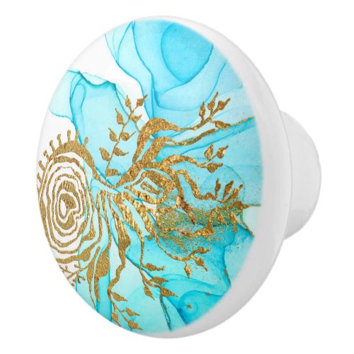 Abstract Coastal Design Blue  Gold   Ceramic Knob