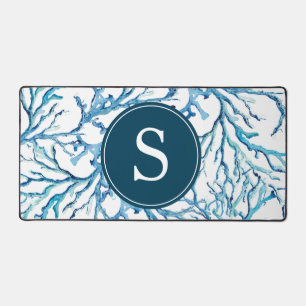 Abstract Coastal Monogram Customizable Blue Desk Mat