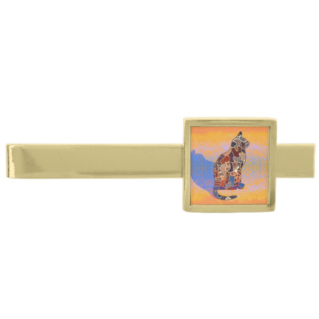 Abstract Collage Clarice the Cat ID103 Gold Finish Tie Bar (Front)