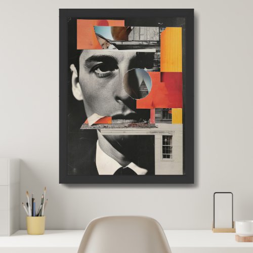 Abstract collage geometric colorful man face framed art