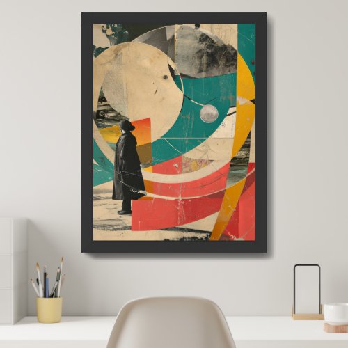 Abstract collage geometric colorful man in time framed art