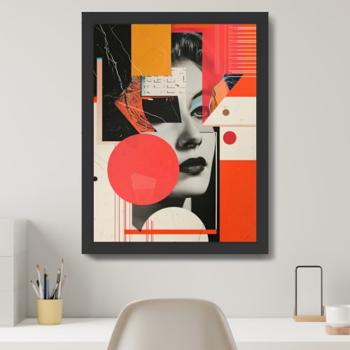 Abstract collage geometric colorful woman face framed art