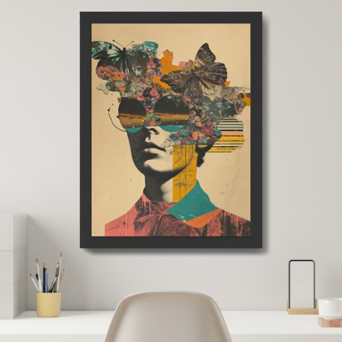Abstract collage geometric woman with butterflies framed art