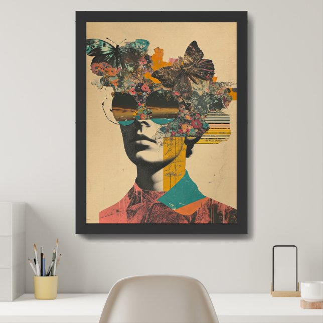 Abstract collage geometric woman with butterflies framed art (Home Office)