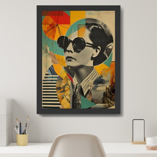 Abstract collage geometric woman with sunglasses framed art