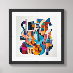 Abstract collage of music instruments framed art