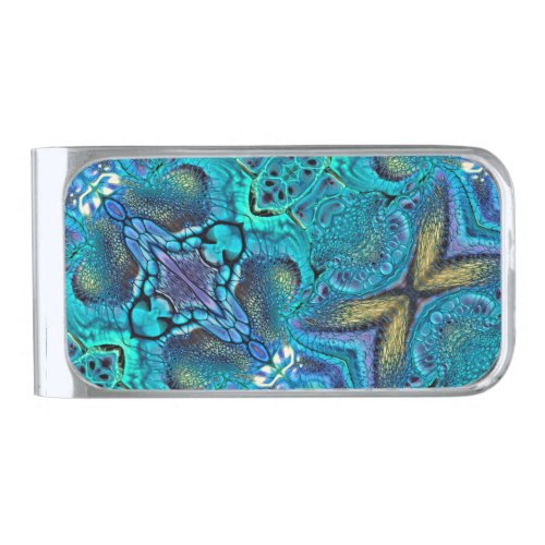 Abstract Color Explosion Aqua Blue Teal Gold Silver Finish Money Clip