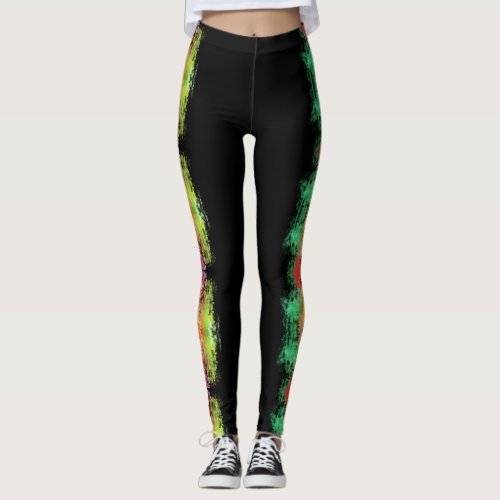 abstract color splash floral design on black leggings