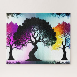 Abstract Color Splashes on Silhouette Black Trees Jigsaw Puzzle