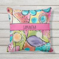Abstract Colorful Artsy Pink Blue Green Add Name Outdoor Pillow