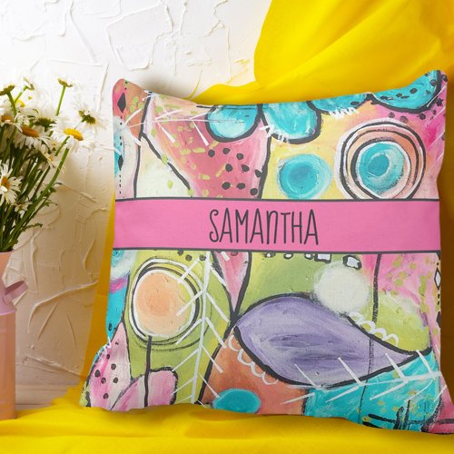 Abstract Colorful Artsy Pink Blue Green Add Name Outdoor Pillow