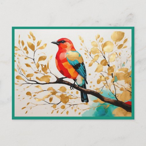 Abstract Colorful Bird On Golden Leaves Branch Postcard