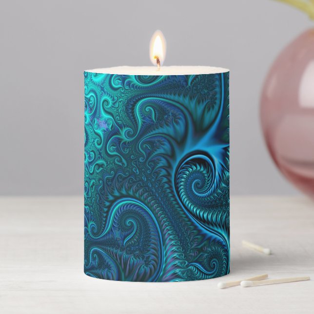 Abstract Colorful Blue & Teal Spiral Pattern Pillar Candle (In Situ)