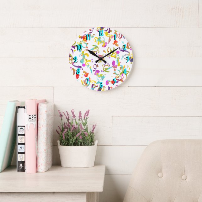 Abstract Colorful Confetti Toss Over White Large Clock (Reading Room)