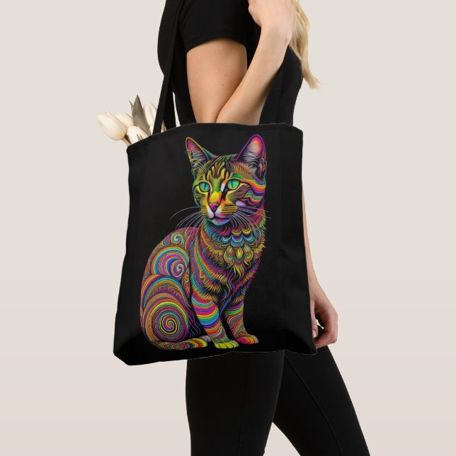 Abstract Colorful Drawing of A Cat Tote Bag (Close Up)