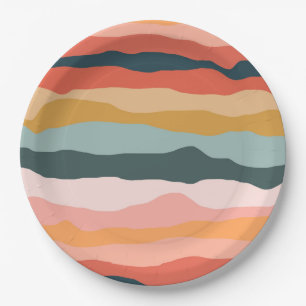 Abstract Colorful Earthy Coral Stripe Pattern Paper Plates