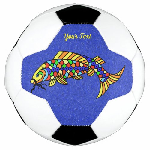 Abstract Colorful Fancy Fish on Vibrant Blue Soccer Ball