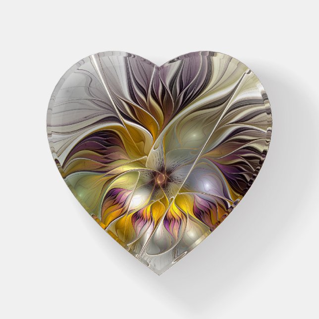 Abstract Colorful Fantasy Flower Fractal Art Heart Paperweight (Front)