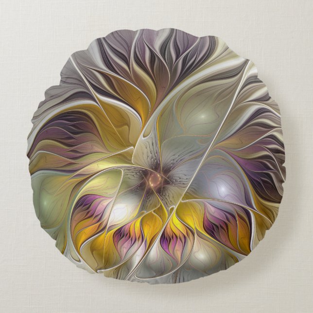 Abstract Colorful Fantasy Flower Fractal Art Round Pillow (Front)