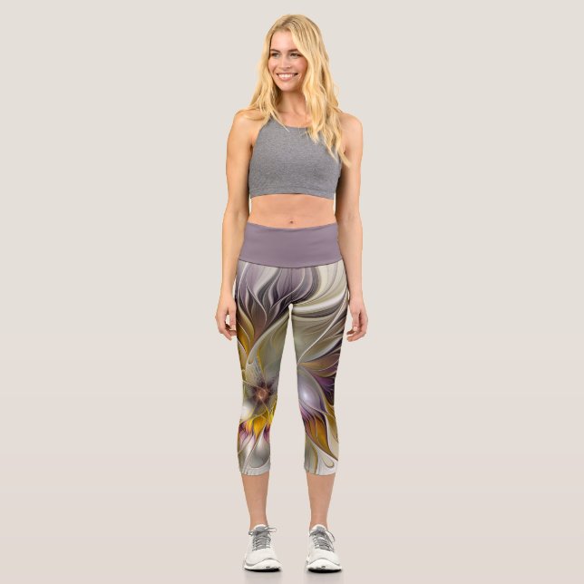 Abstract Colorful Fantasy Flower Modern Fractal Capri Leggings (Front)