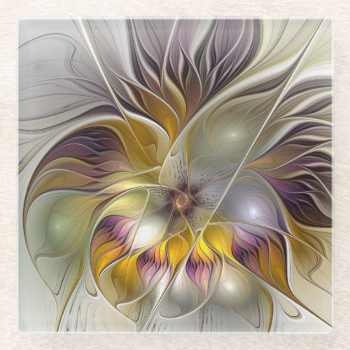 Abstract Colorful Fantasy Flower Modern Fractal Glass Coaster