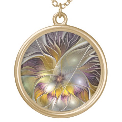 Abstract Colorful Fantasy Flower Modern Fractal Gold Plated Necklace