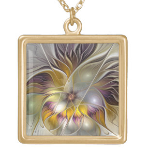 Abstract Colorful Fantasy Flower Modern Fractal Gold Plated Necklace