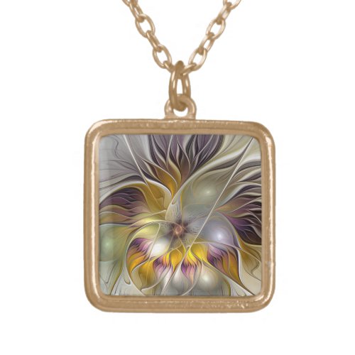 Abstract Colorful Fantasy Flower Modern Fractal Gold Plated Necklace