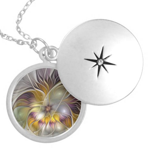 Abstract Colorful Fantasy Flower Modern Fractal Locket Necklace