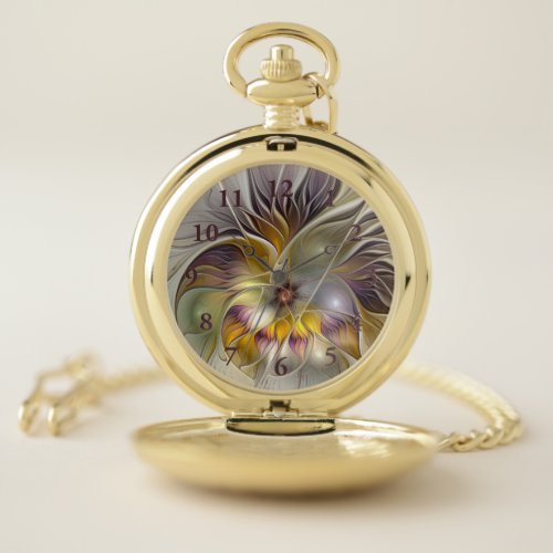 Abstract Colorful Fantasy Flower Modern Fractal Pocket Watch