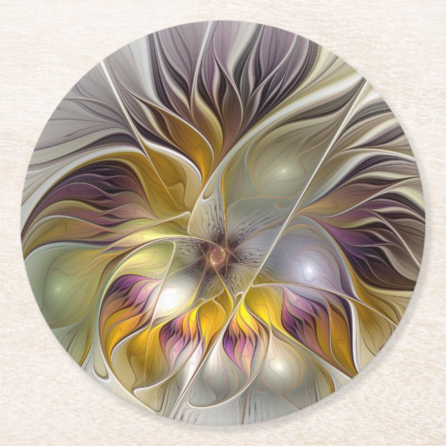 Abstract Colorful Fantasy Flower Modern Fractal Round Paper Coaster (Front)