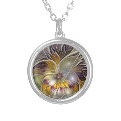 Abstract Colorful Fantasy Flower Modern Fractal Silver Plated Necklace
