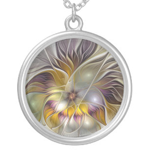 Abstract Colorful Fantasy Flower Modern Fractal Silver Plated Necklace
